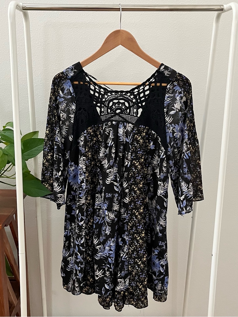 Free People Black Floral Tunic Dress with Blue Accents